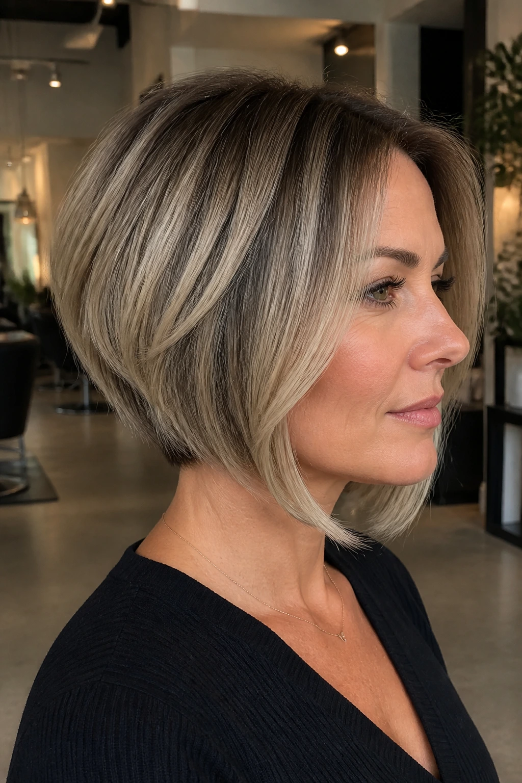 Close-up of a real woman with an inverted bob and light stacking at the nape