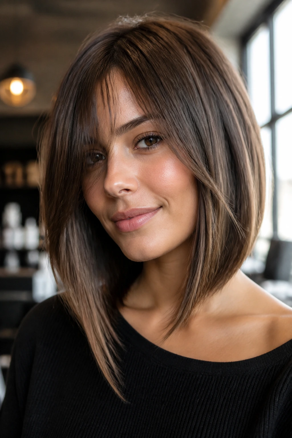 Close-up portrait of a real woman with a long inverted bob and long bangs in a warm salon setting