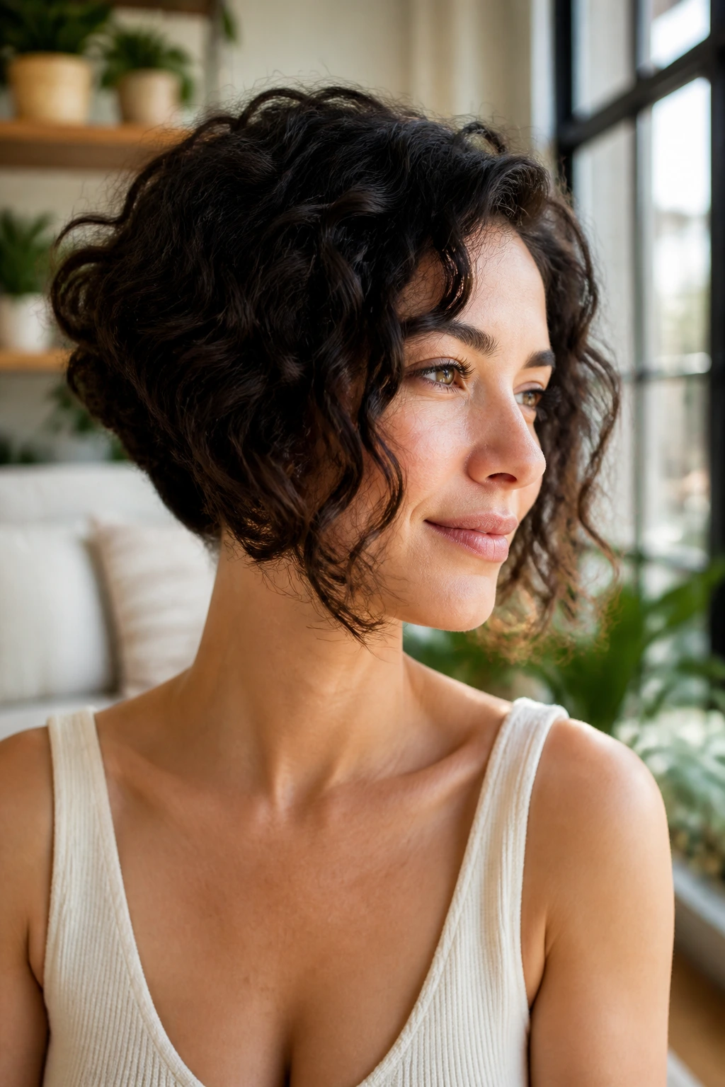 Close-up of a real woman with an inverted bob and longer front on curly hair