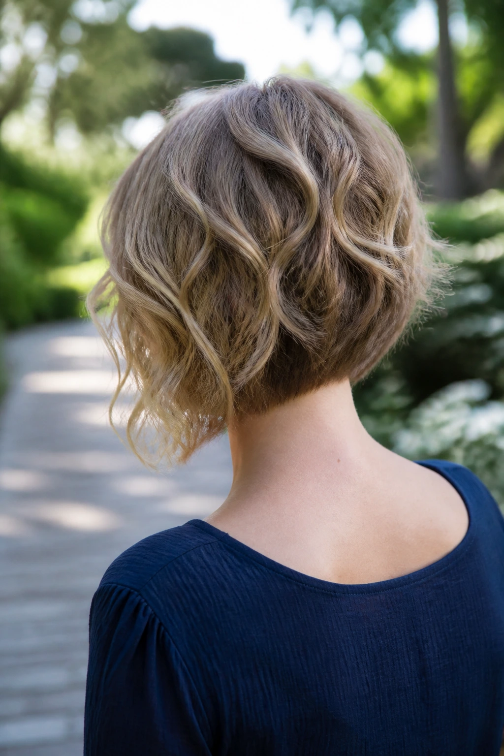 Back view of a real woman with inverted bob hairstyle