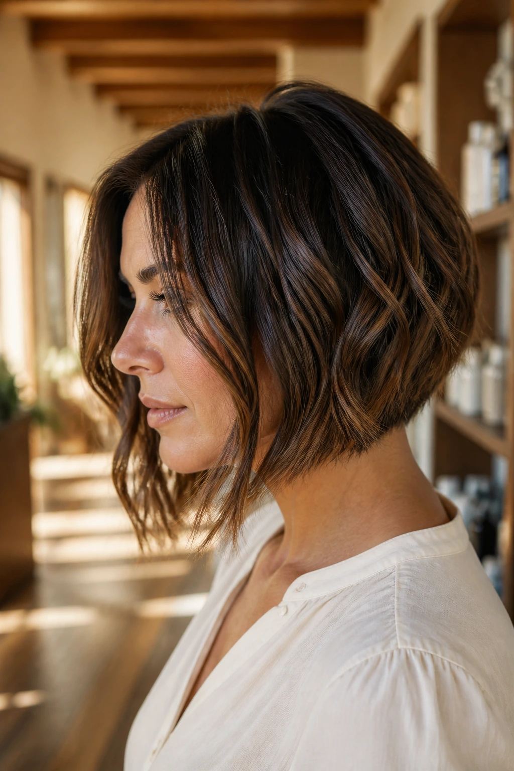 Side-profile portrait of a real woman with inverted bob and loose wave ends in warm light