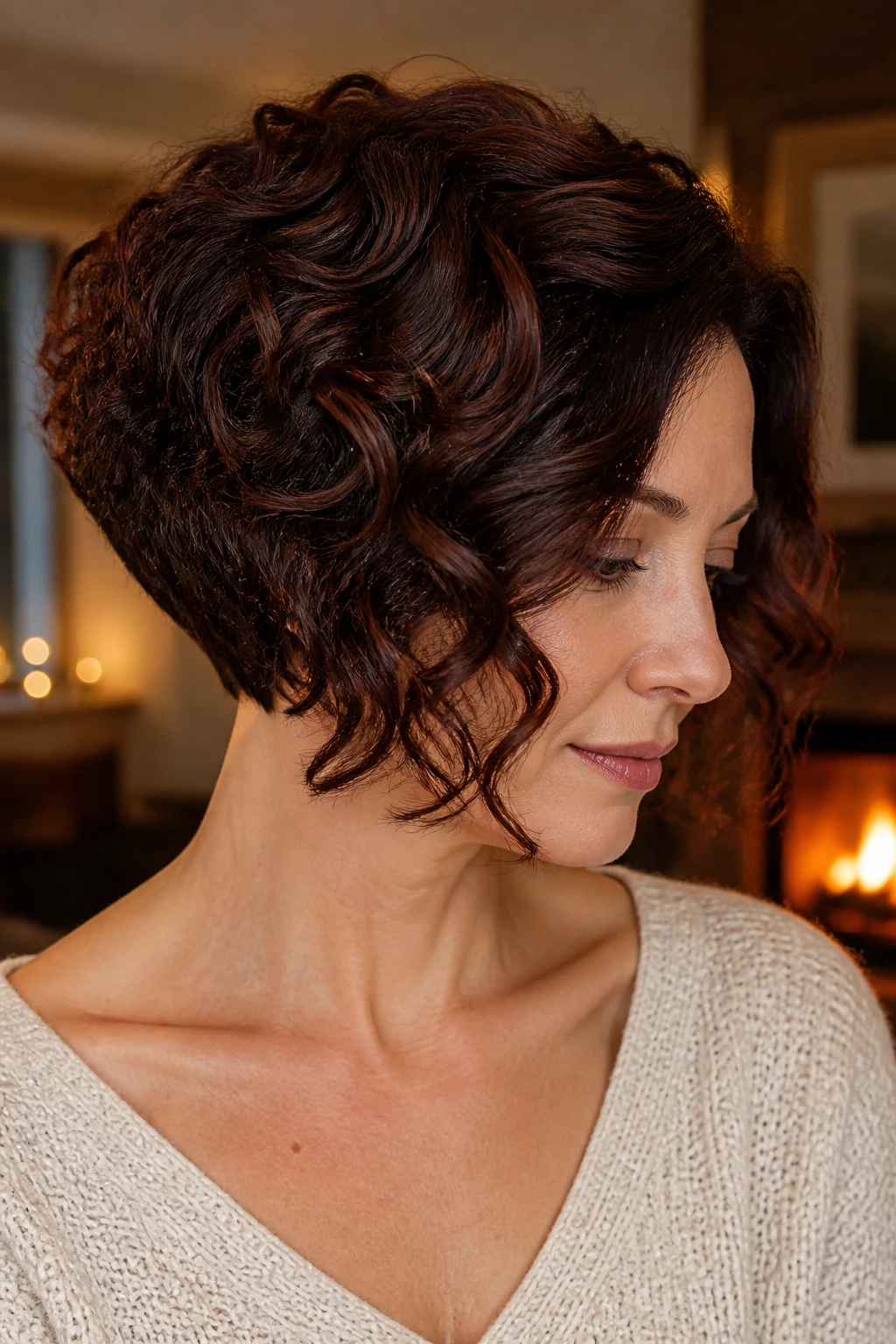 Real woman with inverted bob and mahogany depth in warm living room