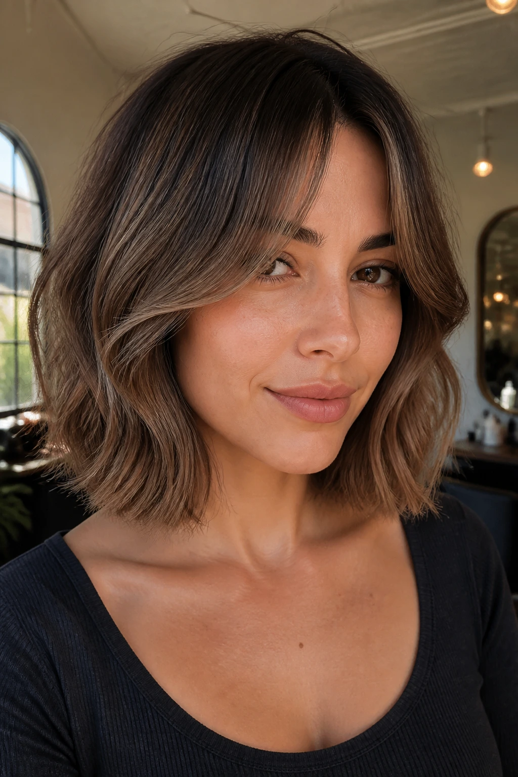 Woman with curtain bangs and collarbone mocha inverted bob