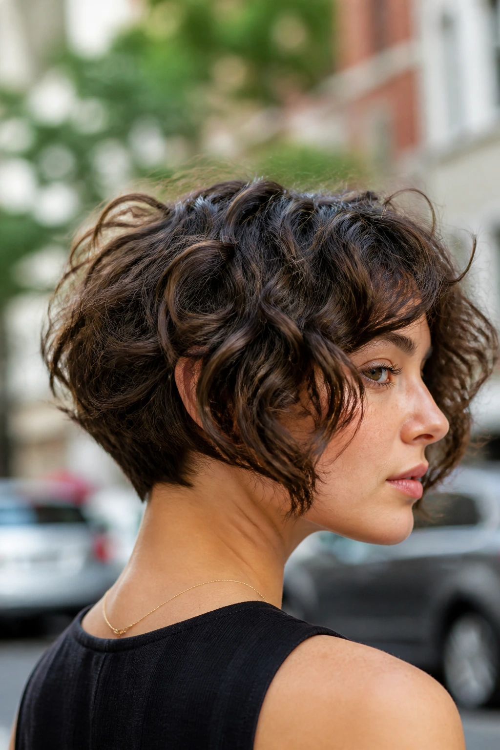 Portrait of a real woman with inverted bob showing sleeker nape in outdoor daylight