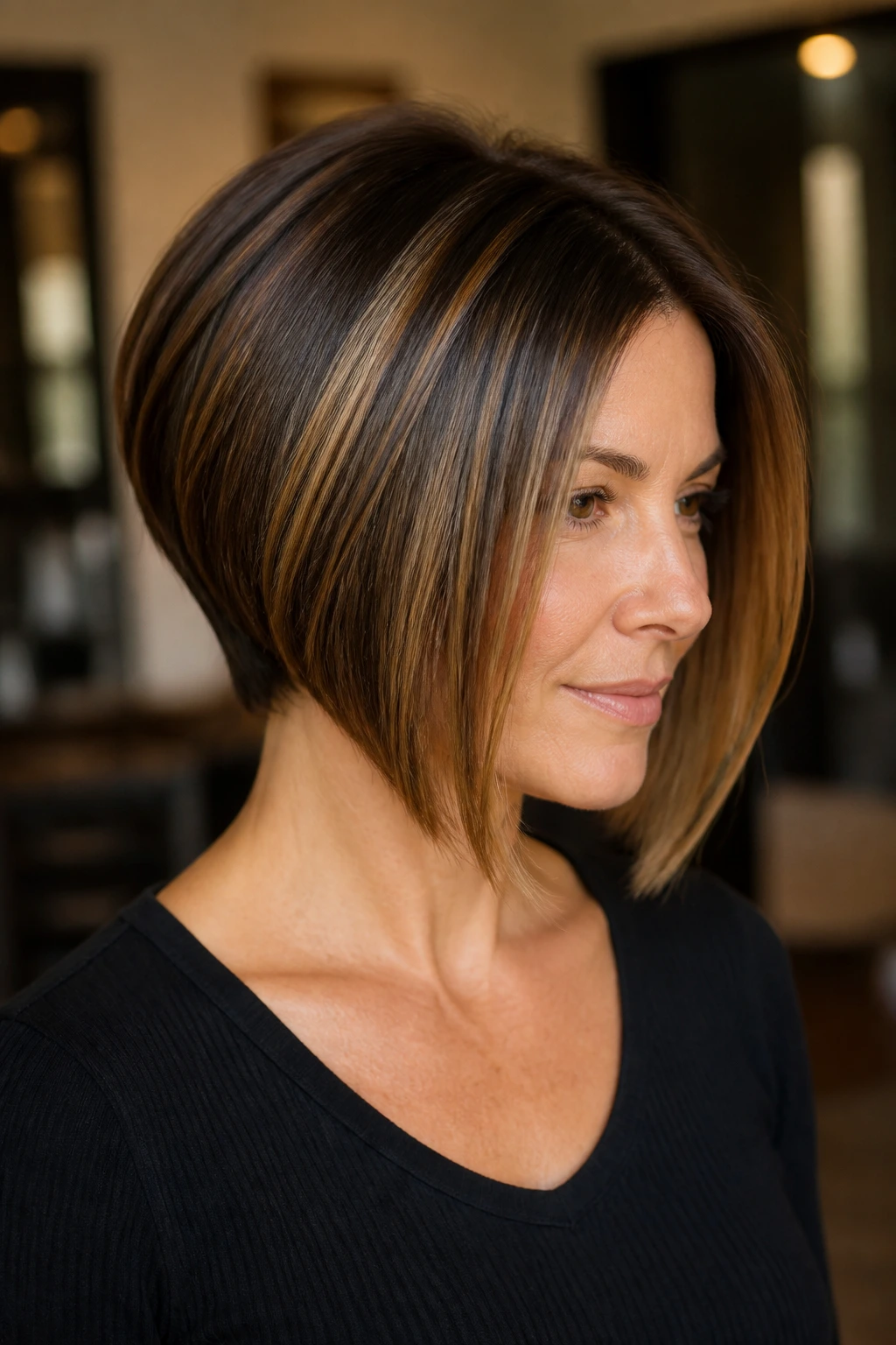 Side-profile close-up of a real woman with inverted bob and lifted nape with caramel highlights