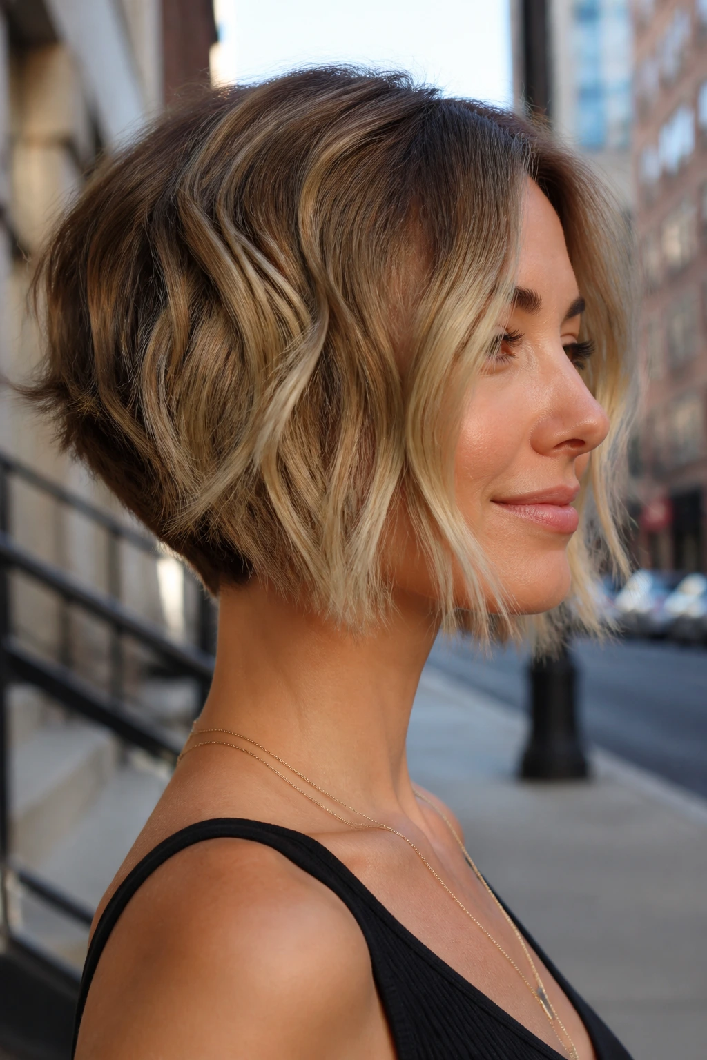 Close-up portrait of a real woman with inverted bob and nape lift in city light