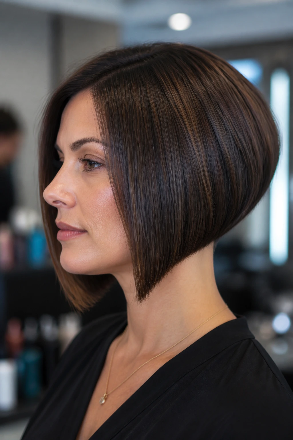 Portrait of a real woman with an inverted bob showing a sleek slope and visible neck