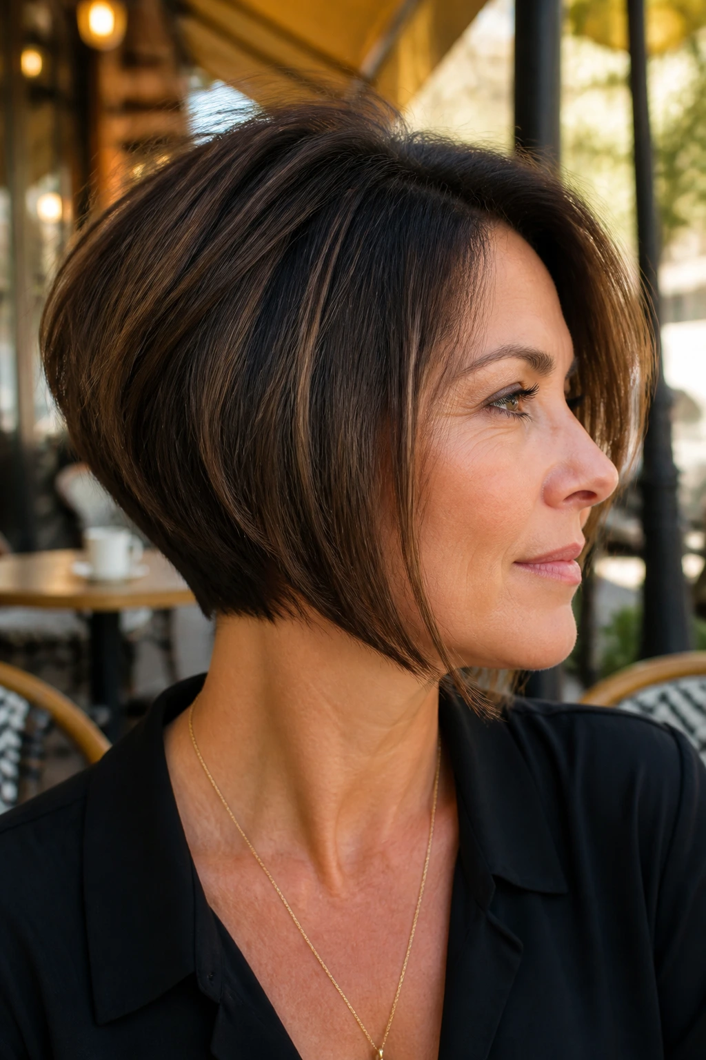 Close-up portrait of a real woman with an inverted bob.
