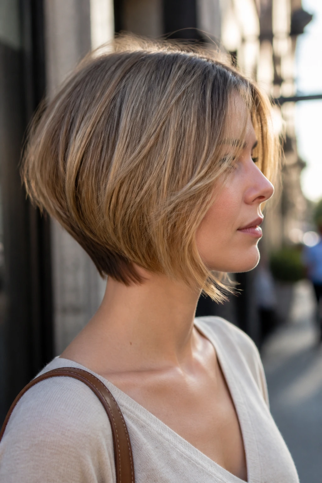 Profile portrait of Lightly Inverted Bob showing built-in angle