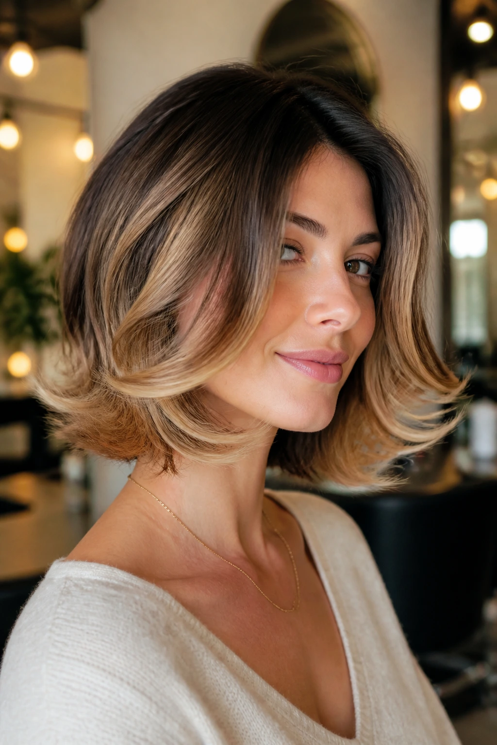 Portrait of a real woman with a retro flip inverted bob and golden caramel ends