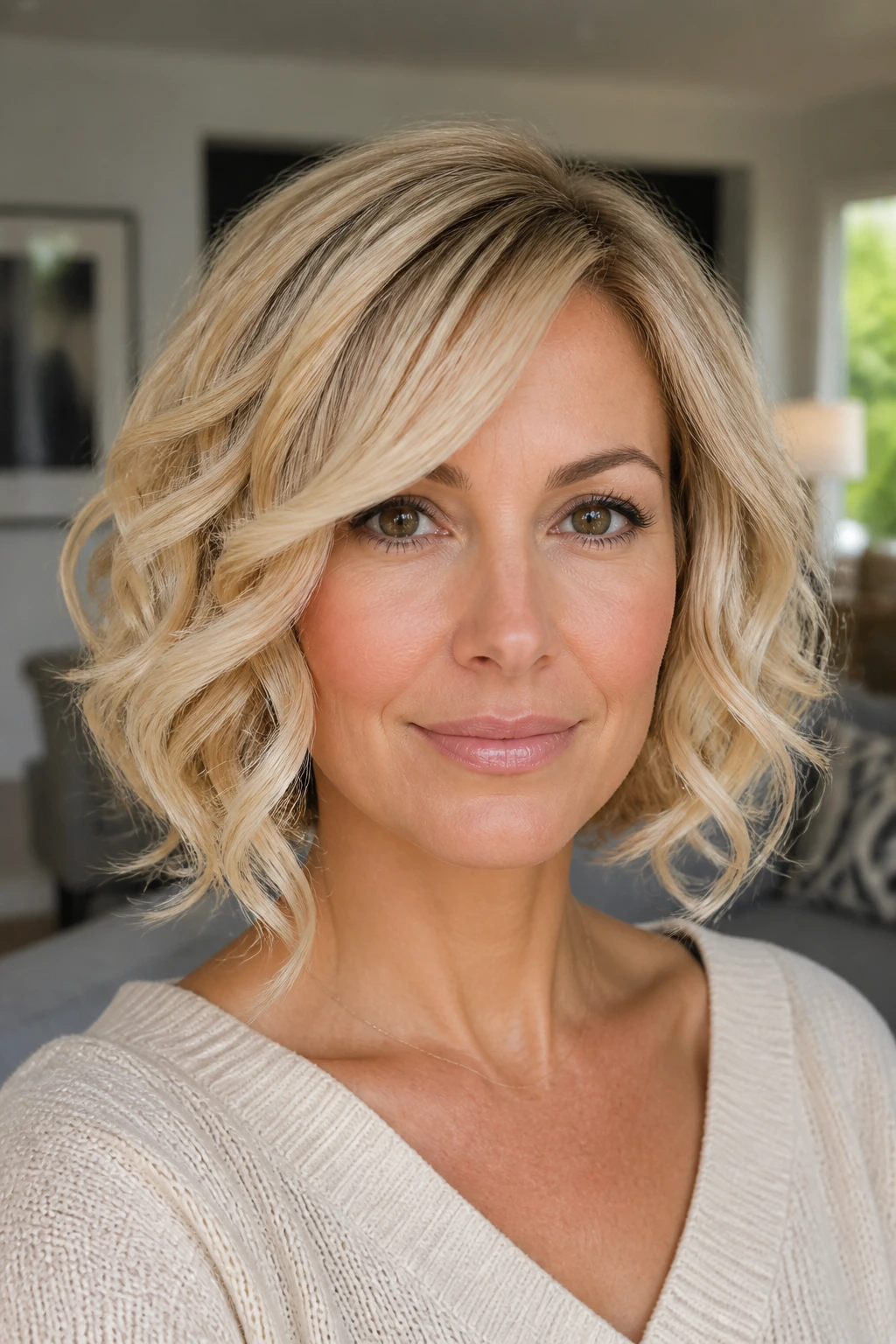 Close-up of real woman with inverted bob and loose front ringlets in pearl blonde.