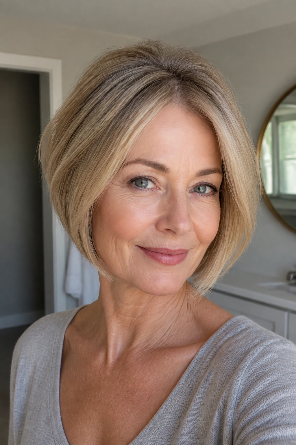 Close-up of a real woman's inverted bob showing root lift and smooth ends.