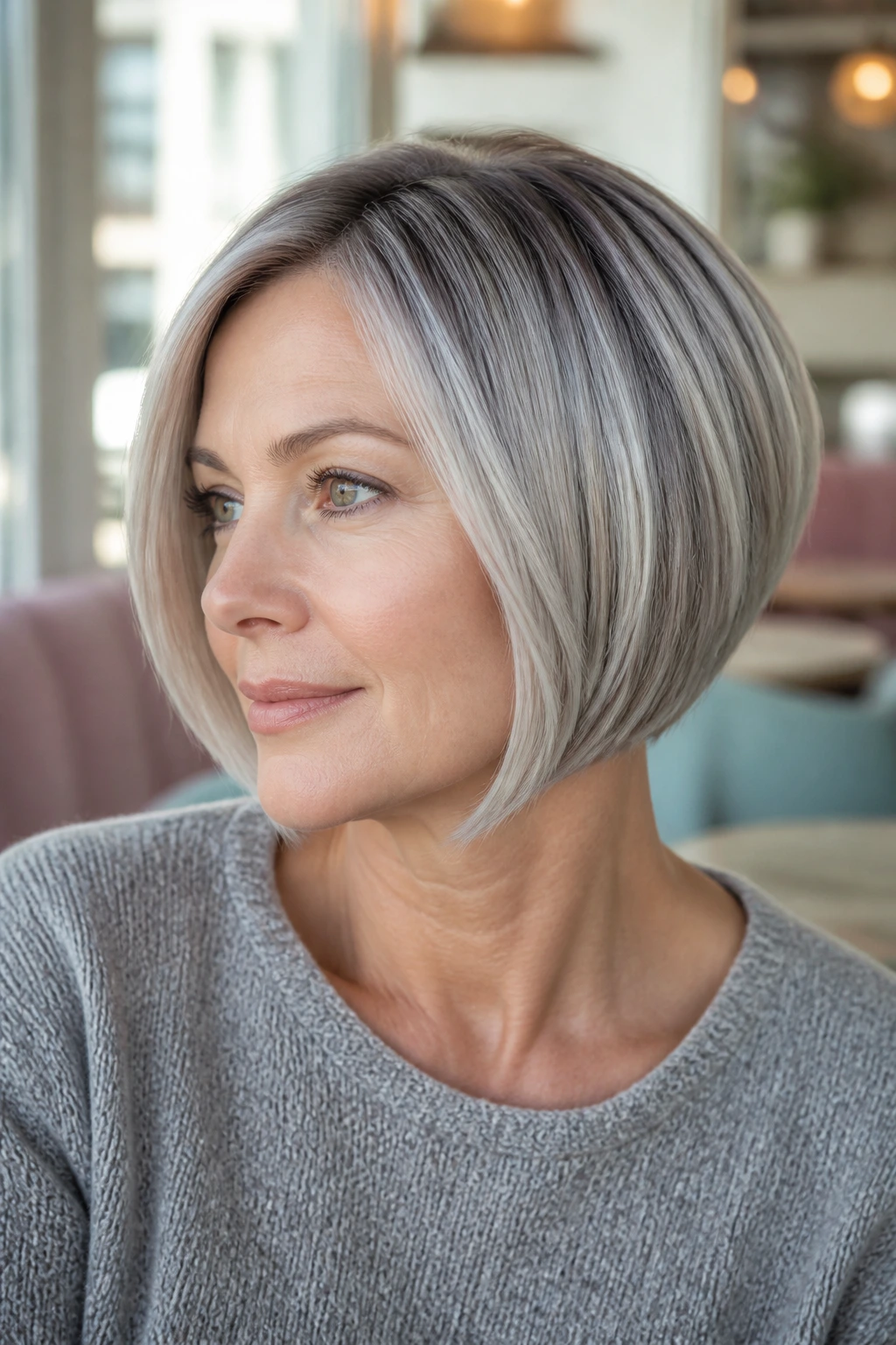 Close-up of a real woman with a soft inverted bob and root shadow.