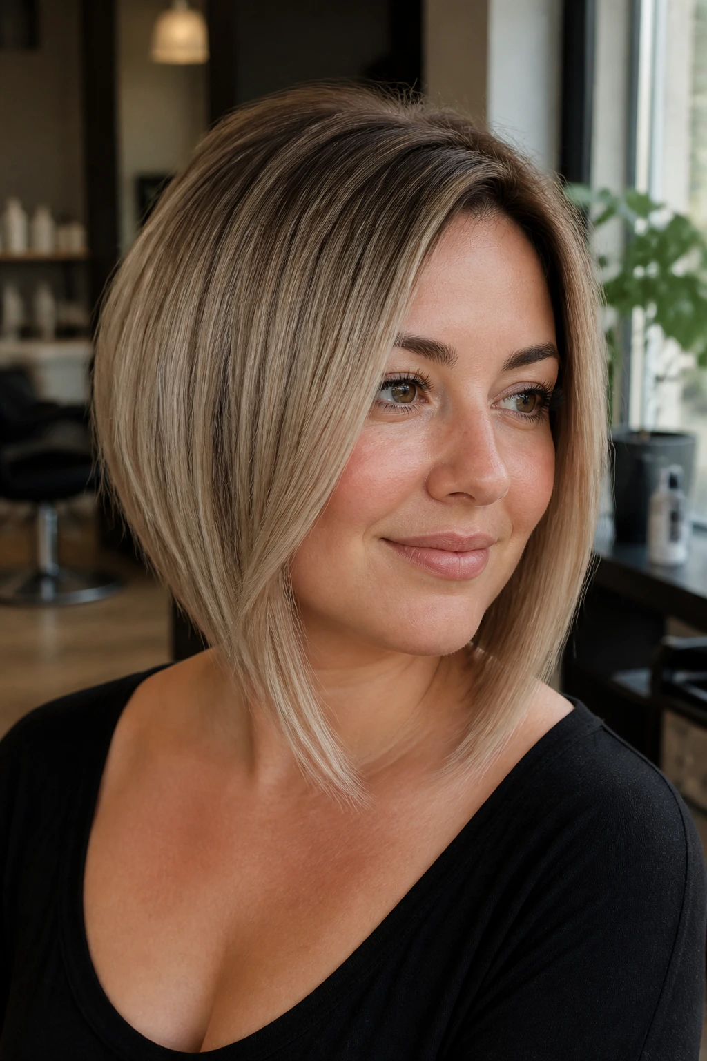 Close-up portrait of a real woman with a long inverted bob on a round face, showing diagonal front pieces