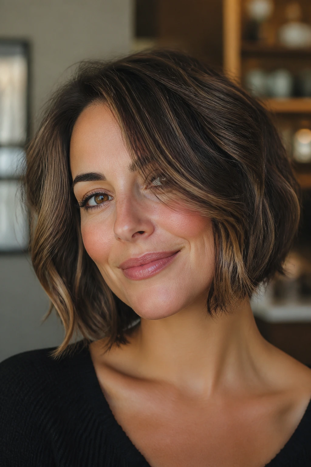 Close-up portrait of a woman with a wavy inverted bob on a round face showing front below cheekbone and subtle lowlights
