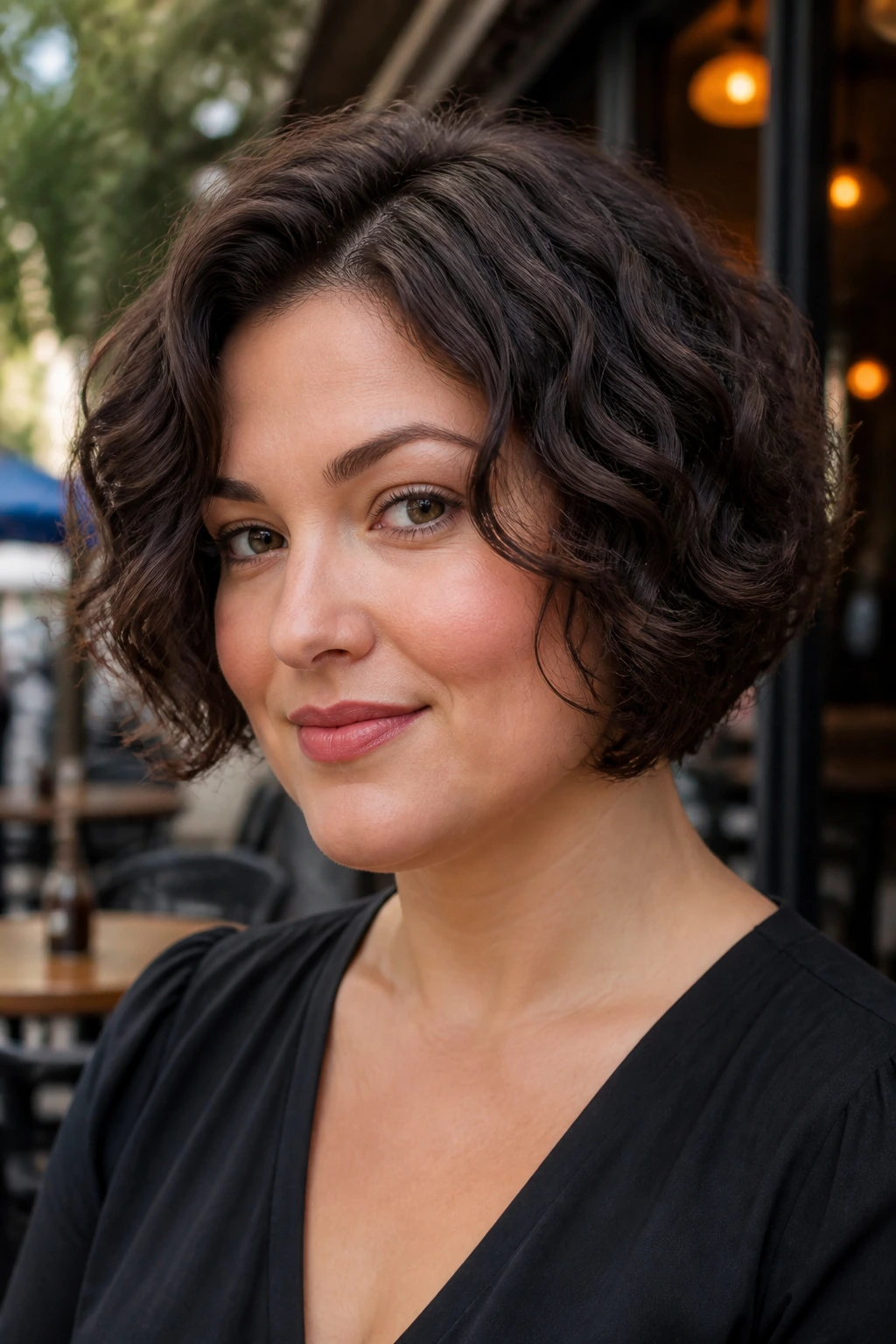 Portrait of a real person with inverted bob and rounded curls in an urban cafe setting.