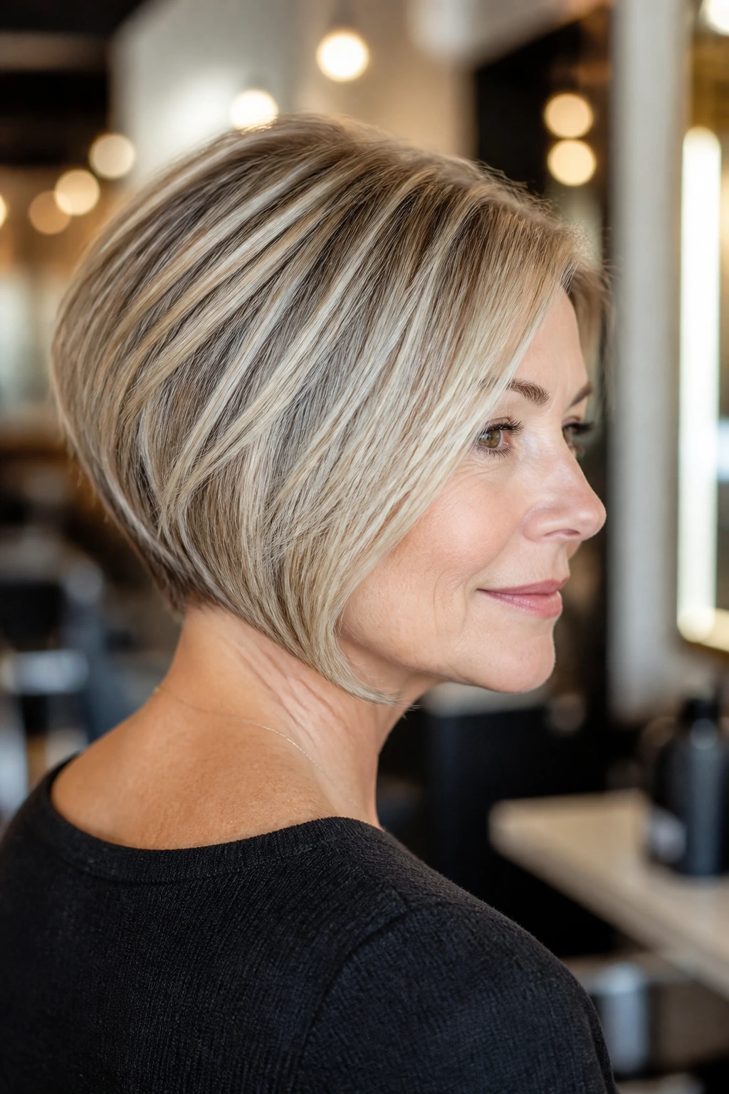 Close-up portrait of a real woman with an inverted bob showing stacked back and jaw-skimming front.