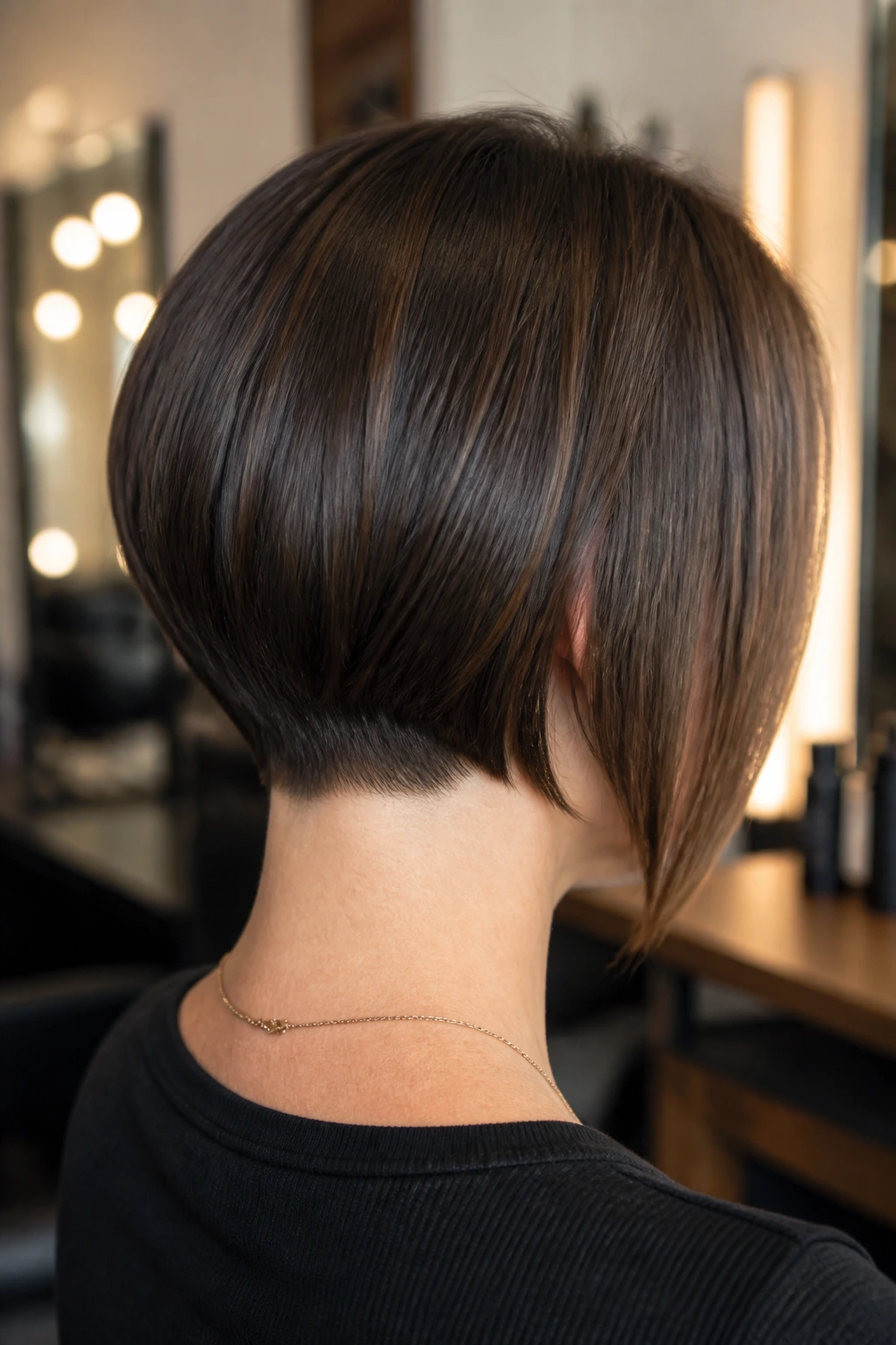 Back-of-head view of a real woman with a sleek inverted bob showing short nape and longer front