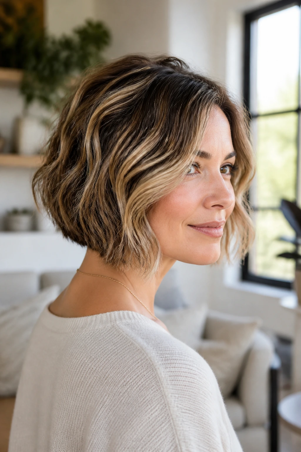 Close-up of a woman with inverted bob and soft ends in bright daylight