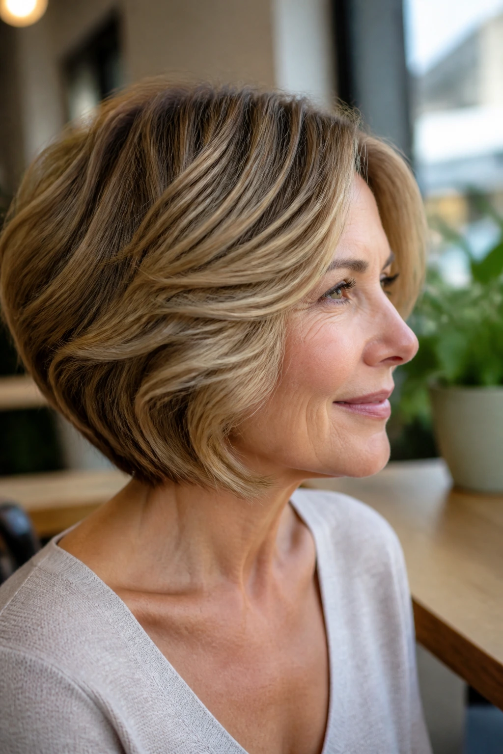 Close-up portrait of a real woman with inverted bob and soft ends