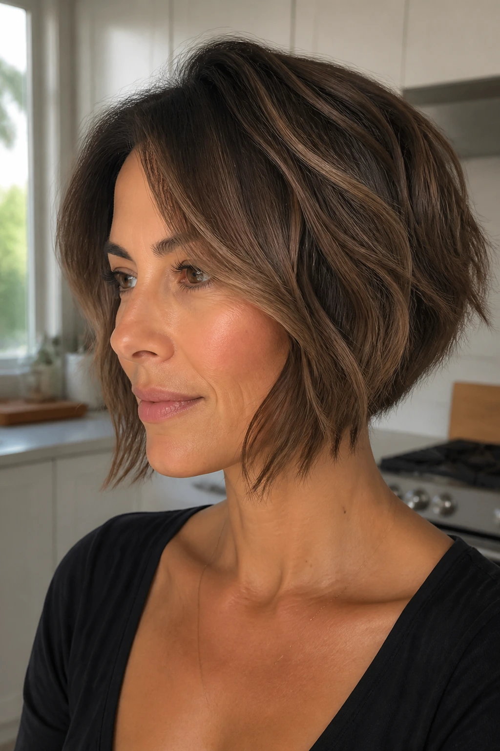 Woman with inverted bob having soft ends in bright kitchen light