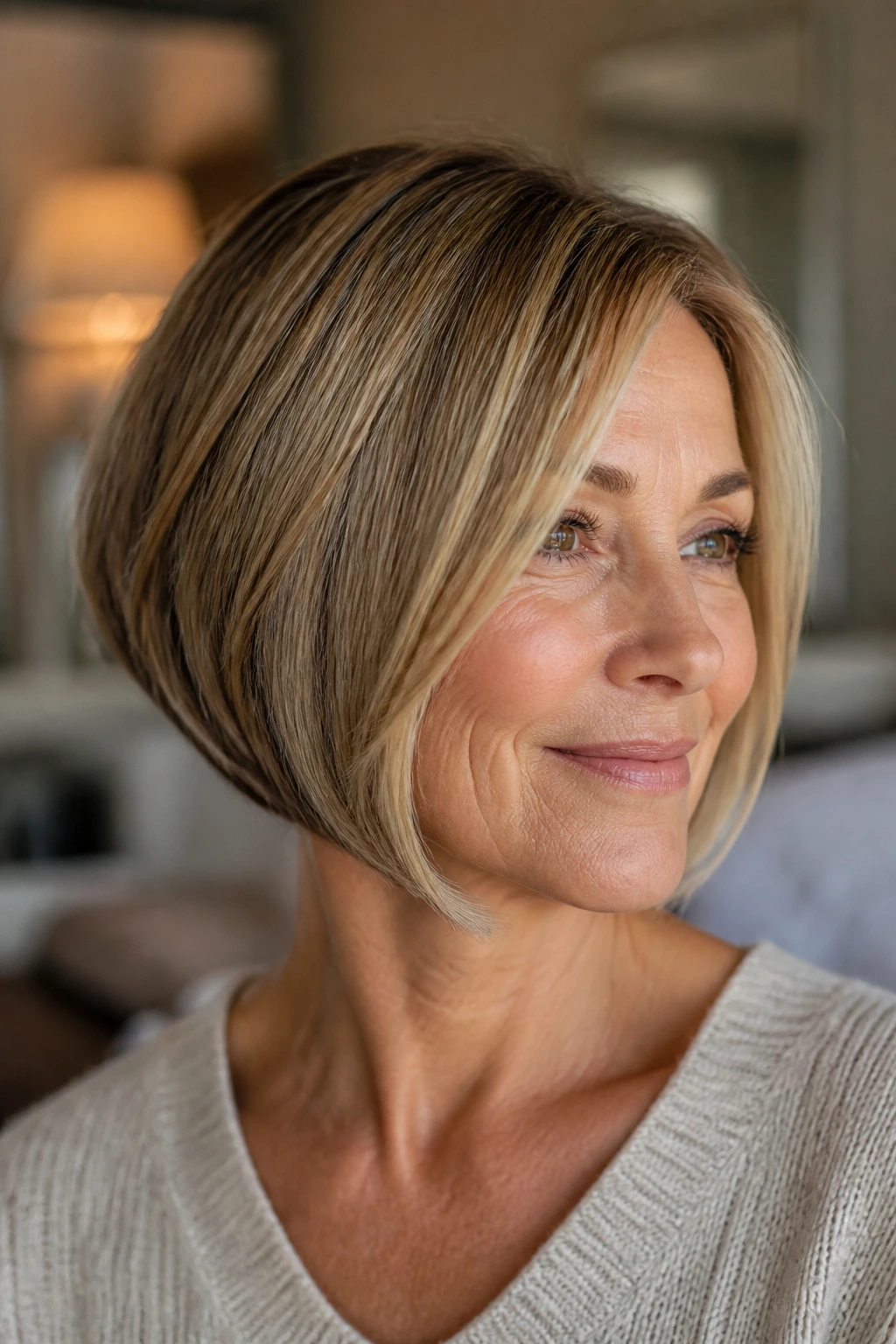 Close-up portrait of a real woman with an inverted bob and soft face frame.