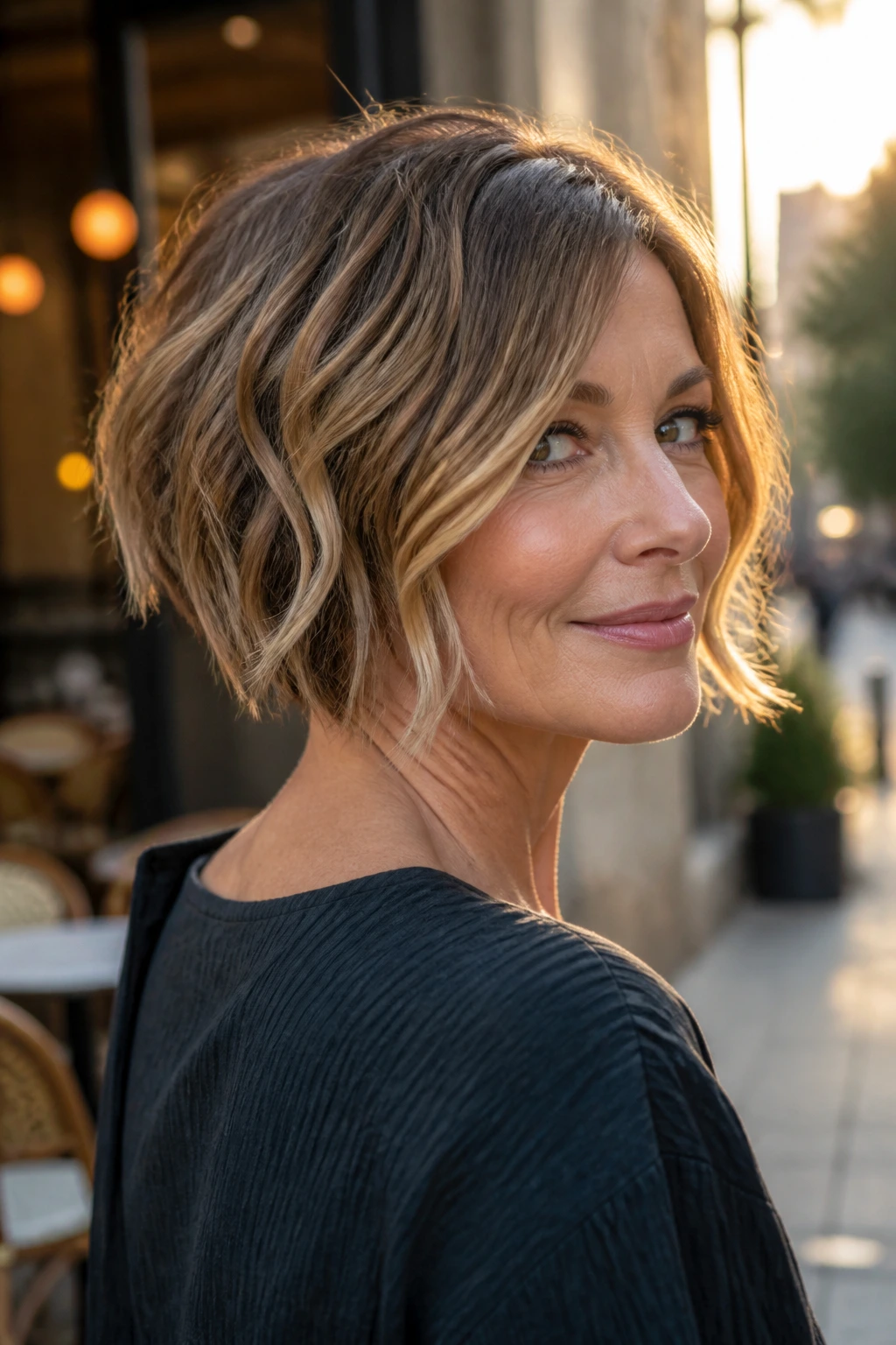 Close-up portrait of a real woman with an inverted bob and soft movement in golden hour light