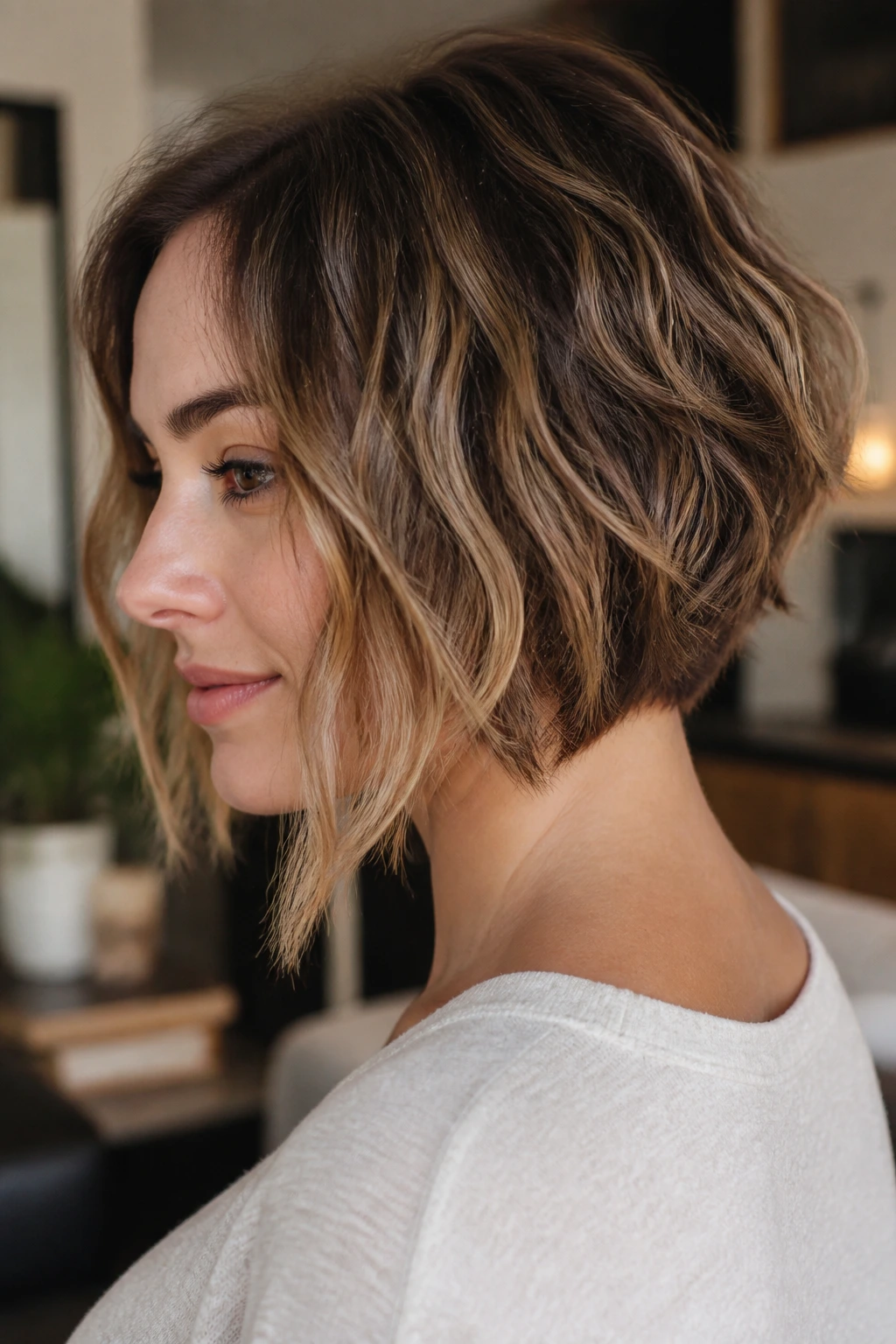 Close-up of a real woman with an inverted bob and a soft nape