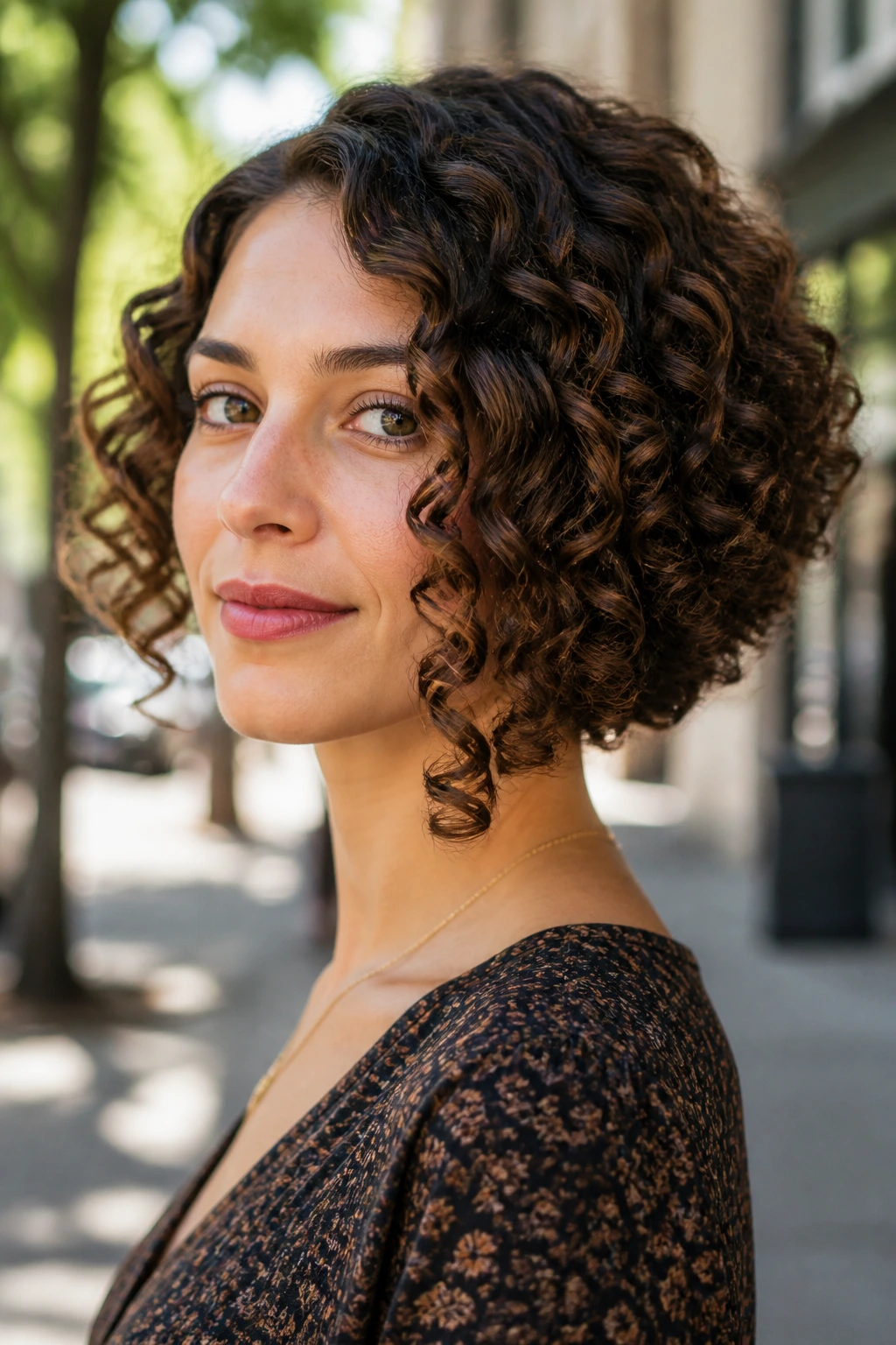 Portrait of real woman with inverted bob and fine spiral curls in natural light