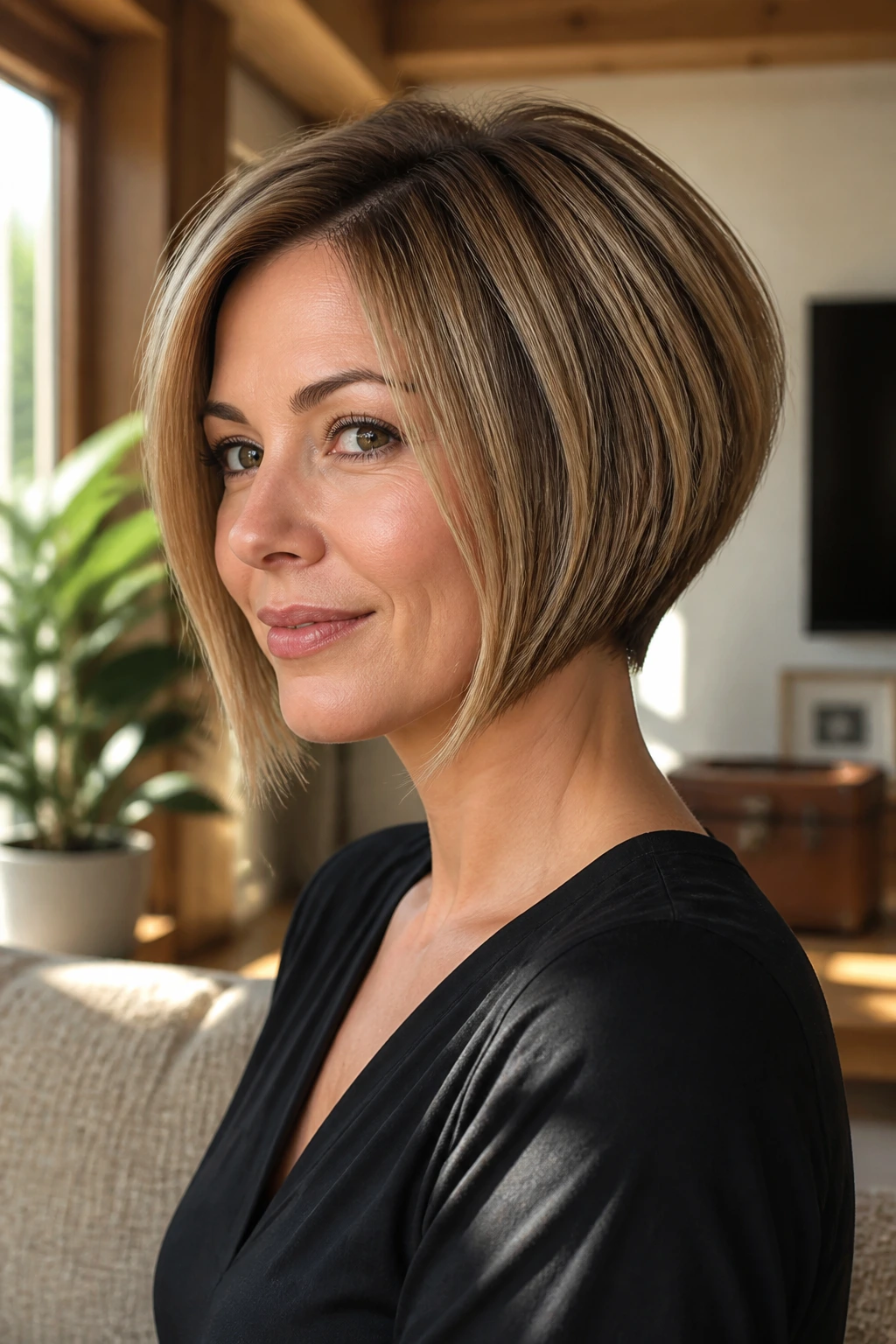 Three-quarter portrait of a real woman with an inverted bob and clean stack at the nape