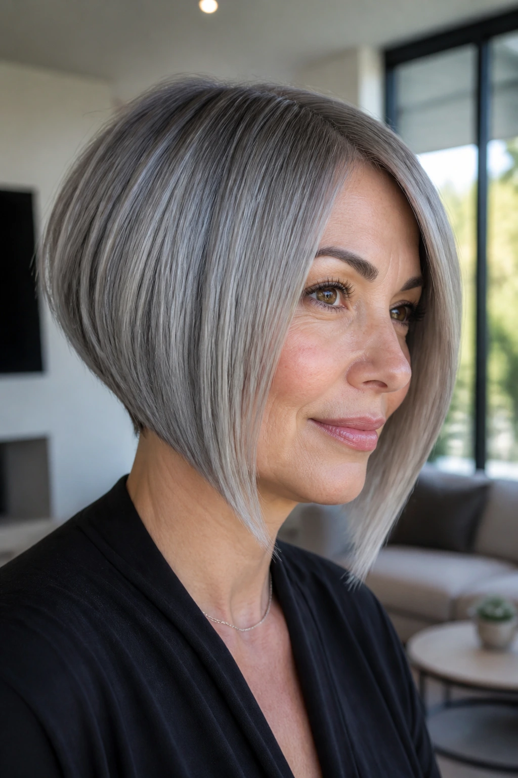 Portrait of a real woman with inverted steel bob hairstyle