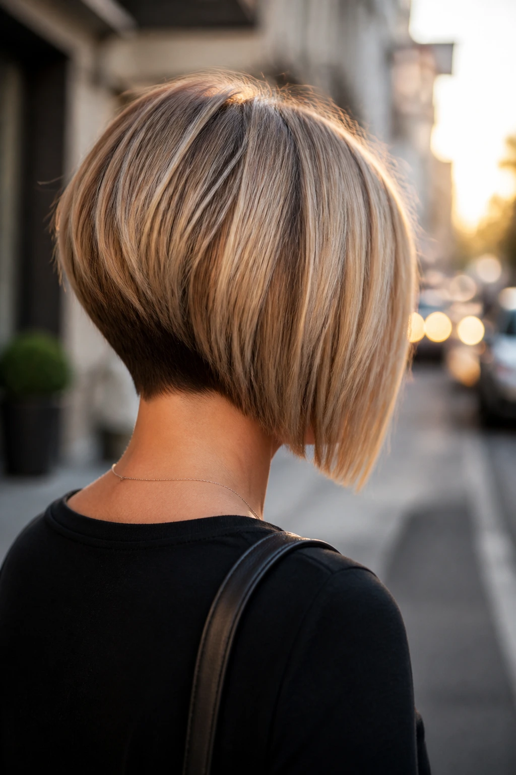 Back view of a real woman with an inverted bob and strong angle