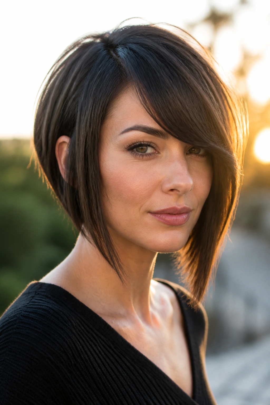 Close-up portrait of woman with inverted bob and sweeping fringe.