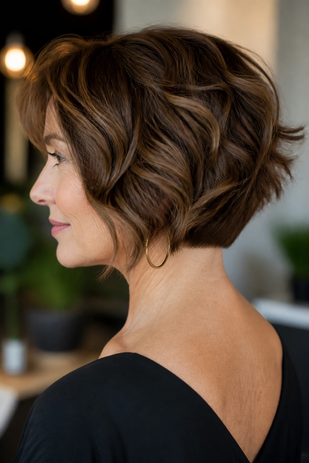 Inverted wavy bob with tapered nape close-up
