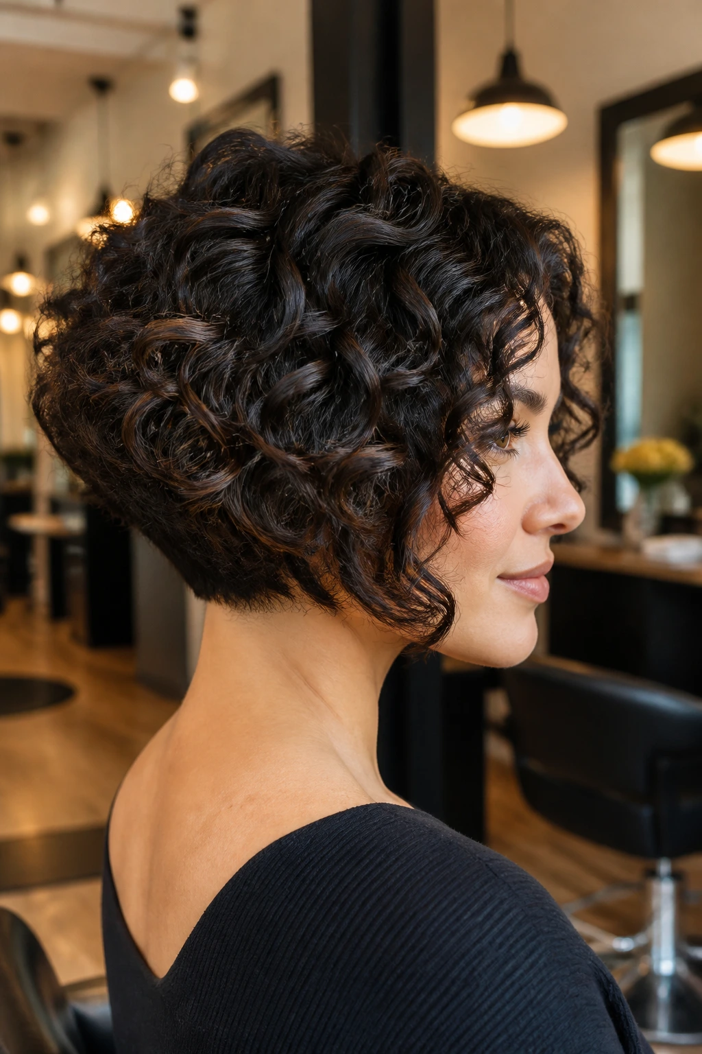Portrait of a real woman with an inverted bob and tapered nape in a salon setting