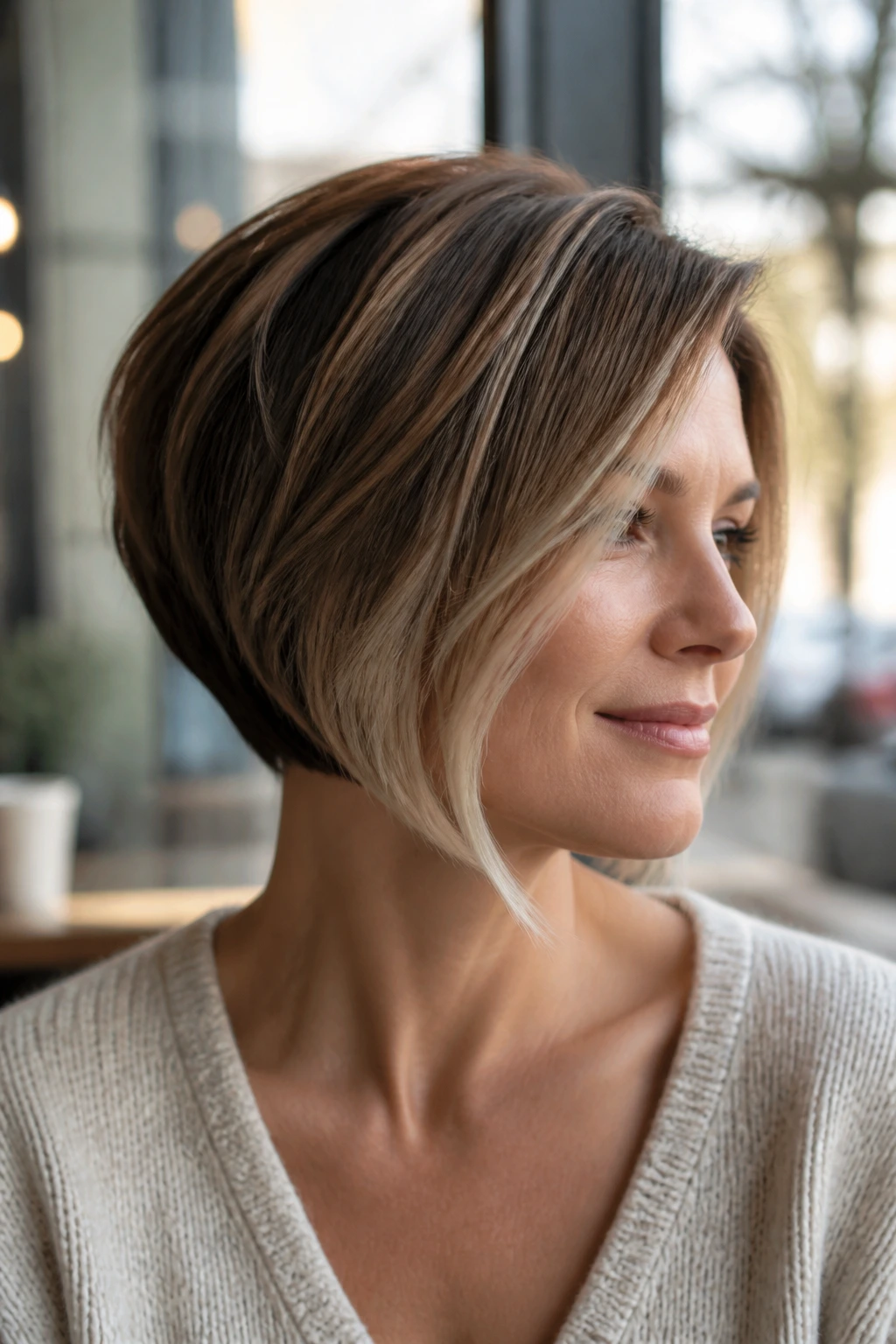 Portrait of a real woman with inverted bob and light underlayer.