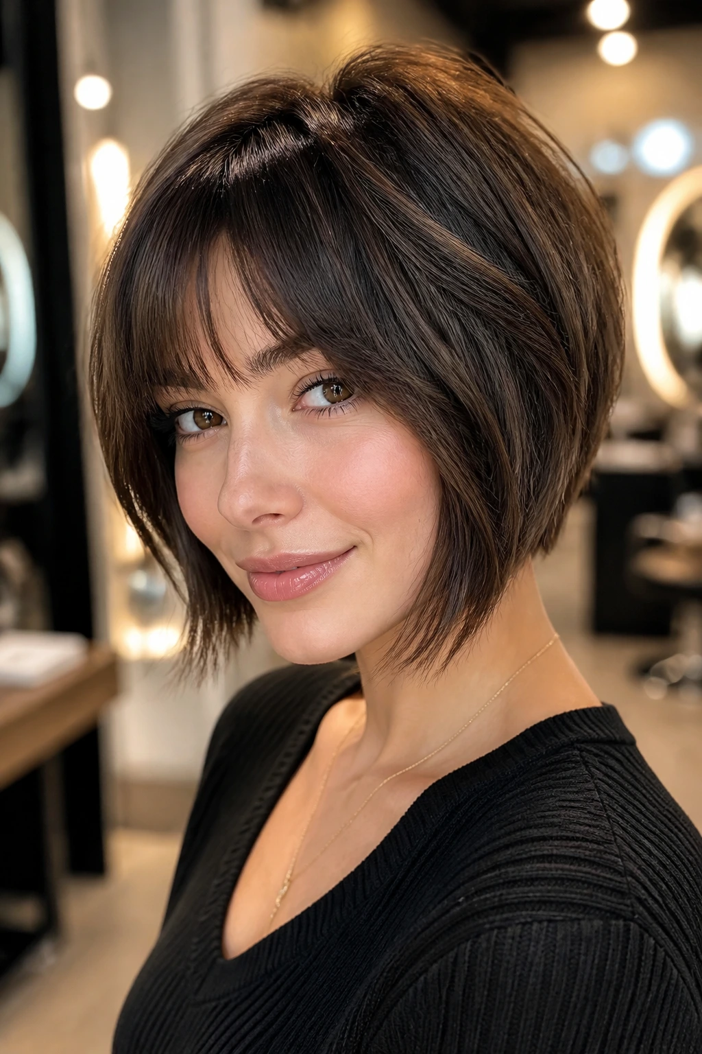 Portrait of a real person with an inverted textured bob showing fringe-forward variation.