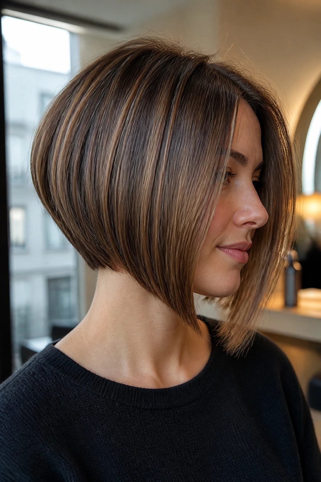 Close-up portrait of a woman with an inverted chin-length bob, showing a diagonal front-to-back silhouette.