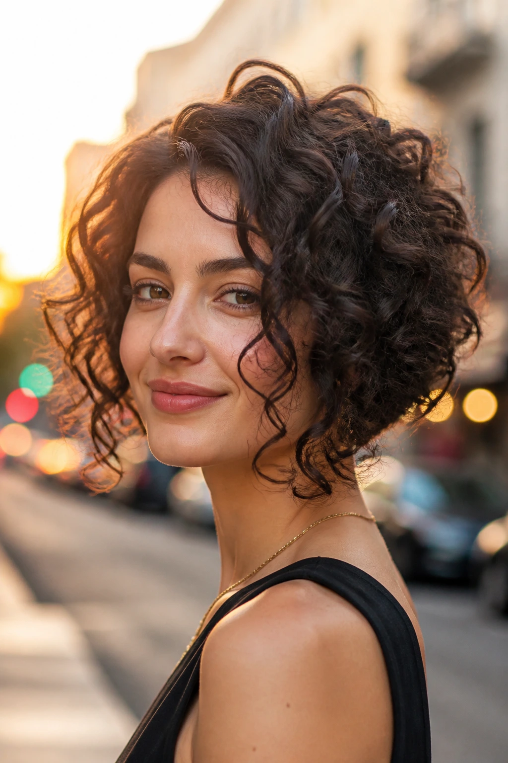 Portrait of a real woman with inverted curly bob at golden hour on city street
