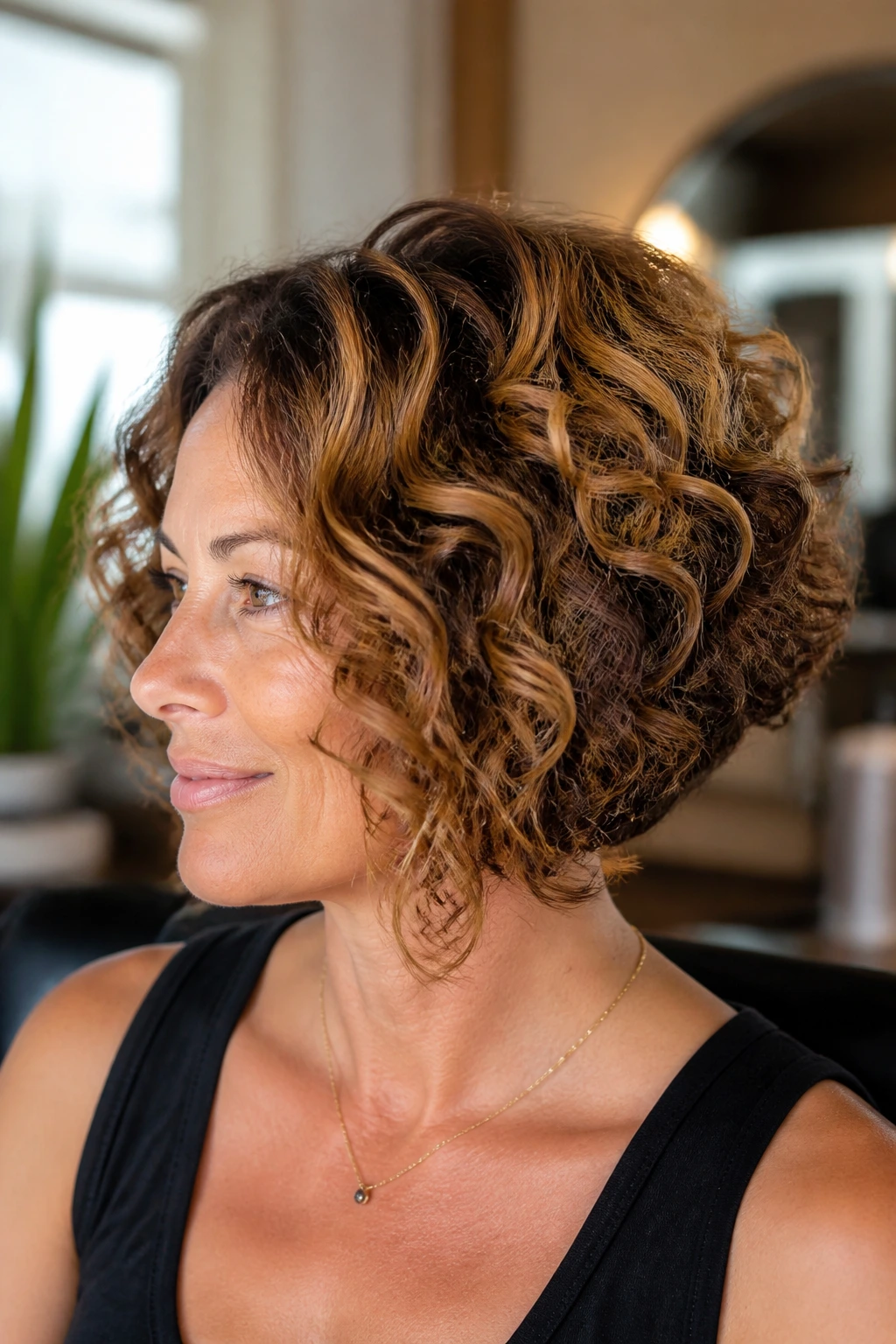 Close-up of a real woman with an inverted curly bob featuring a lifted crown and caramel highlights.
