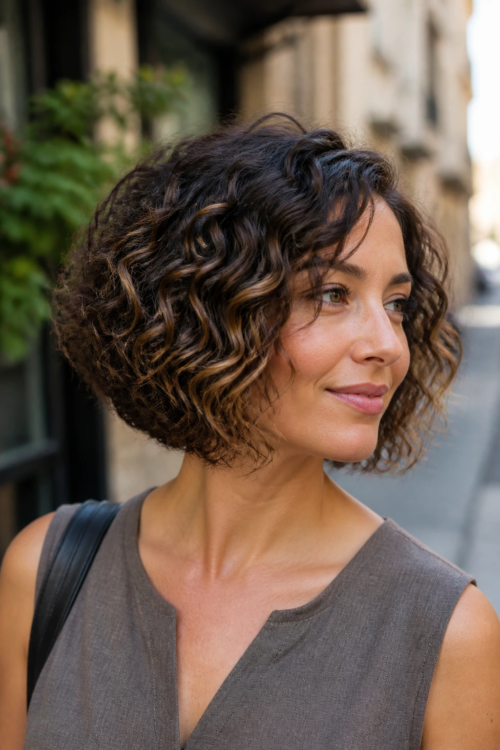 Real woman with inverted curly bob and mocha ends in outdoor light