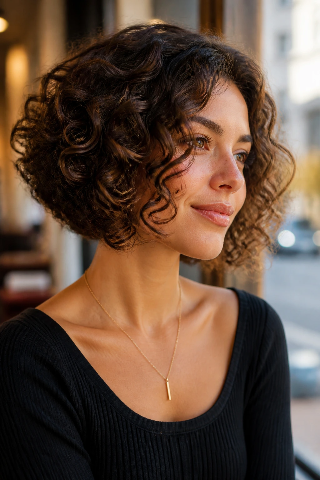 Portrait of a real woman with inverted curly bob hairstyle