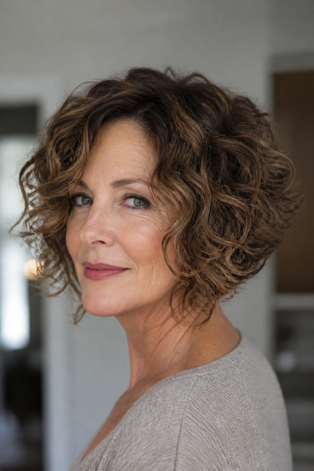 Real woman with inverted curly bob, front longer than back