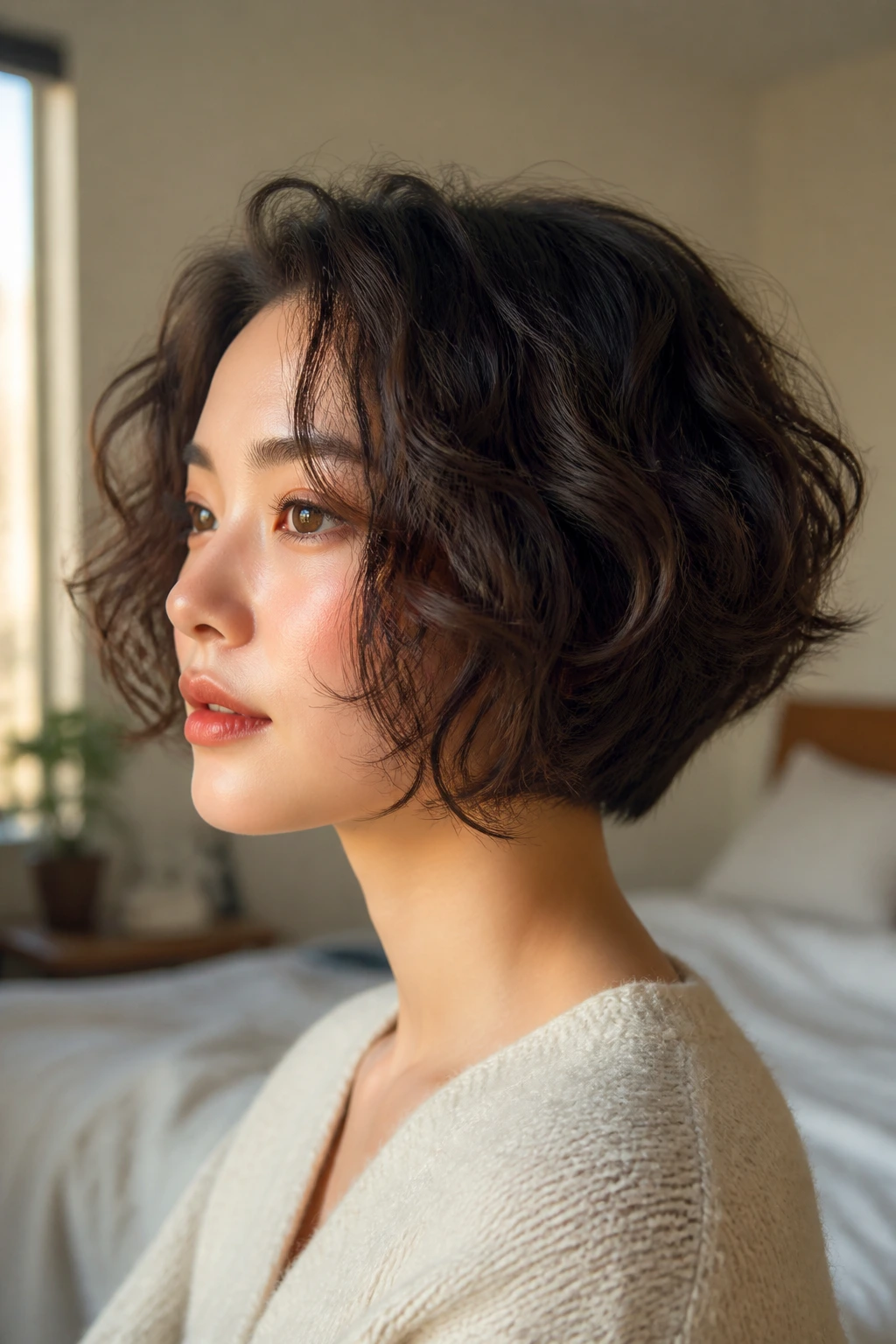 Close-up of a real woman with an inverted Korean Bob featuring a longer front and shorter nape.