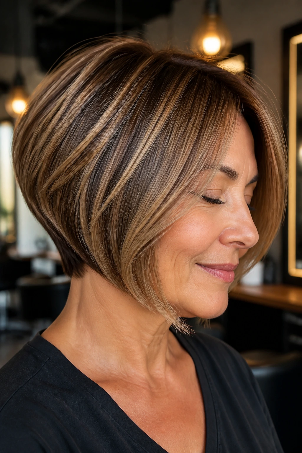 Close-up portrait of a real woman with an inverted layered bob showing back stacking and longer front
