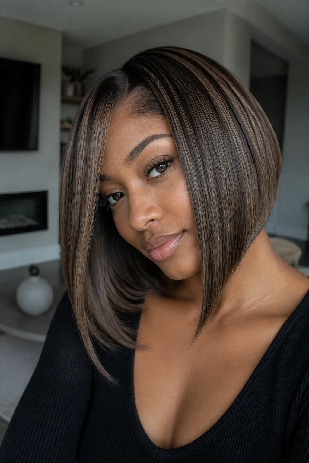 Close-up portrait of a real woman with inverted lob and ash brown babylights.