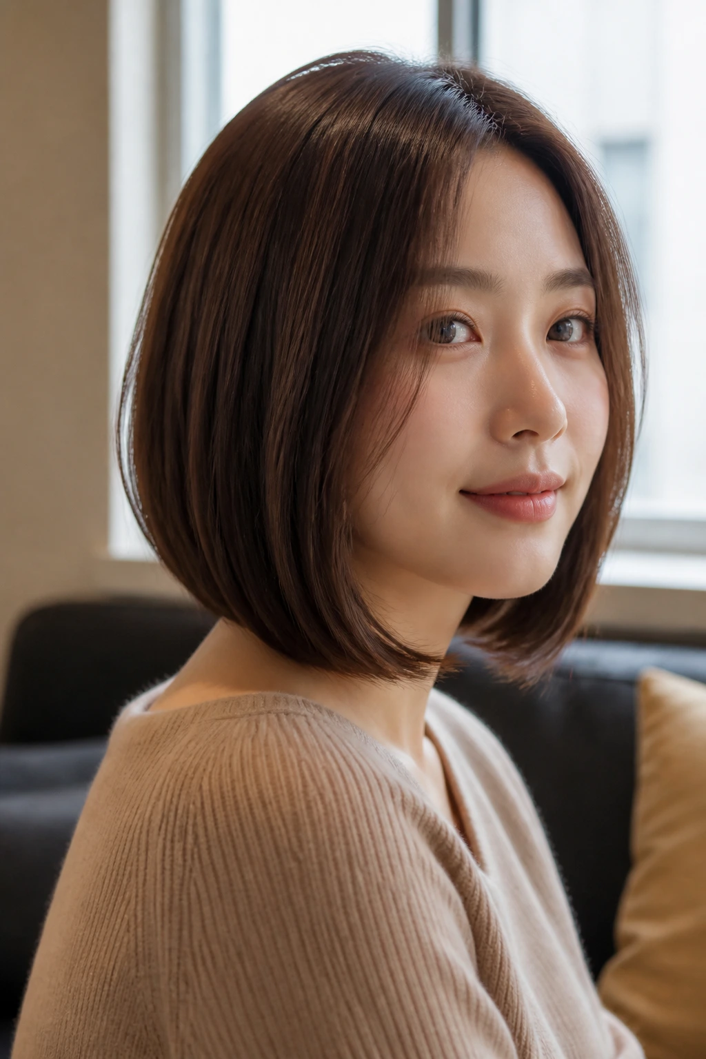 Close-up portrait of a real woman with inverted lob and bent ends.