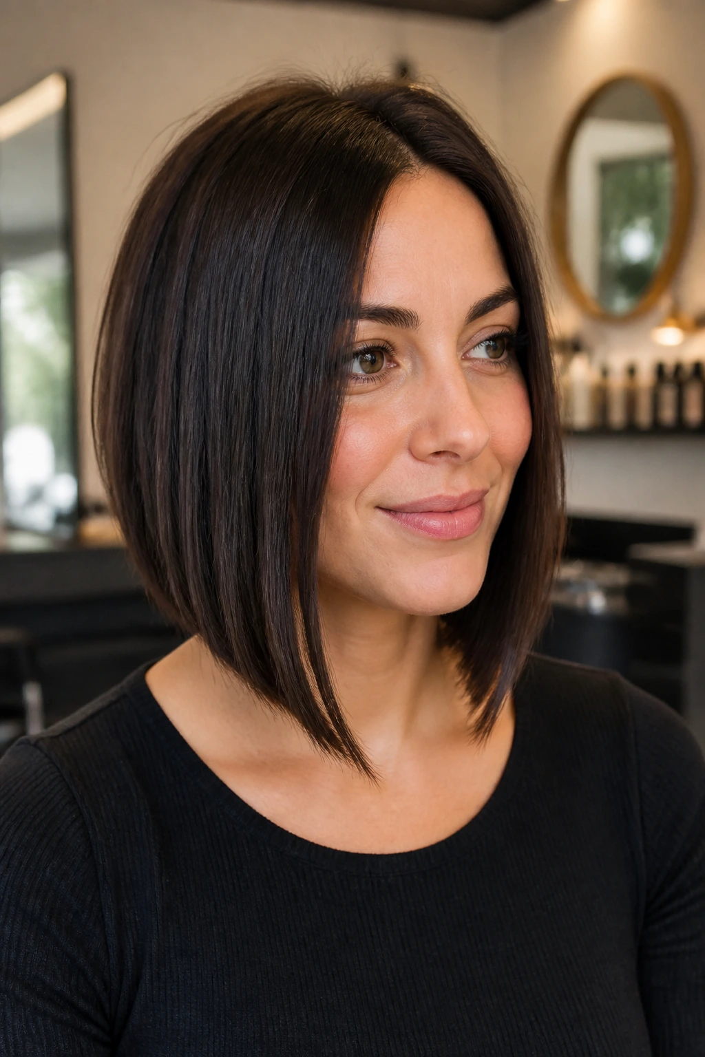 Portrait of a real woman with a minimalist inverted lob and clean perimeter in a salon