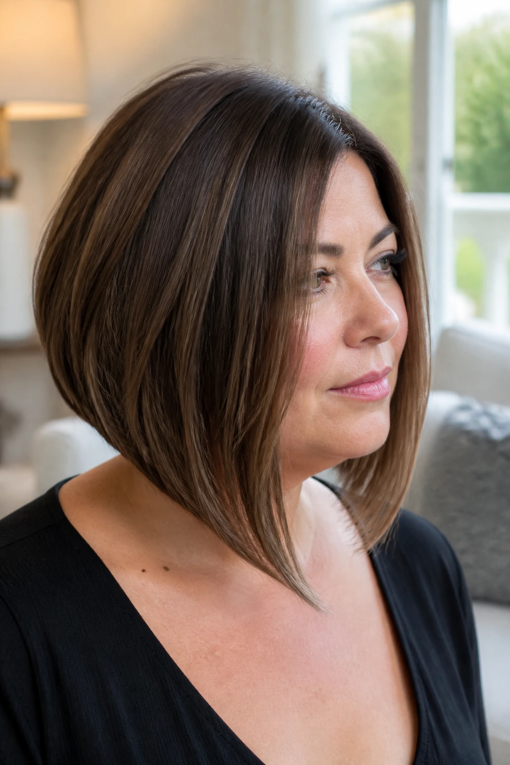 Close-up of a woman with inverted lob and hidden layers showing longer front past the chin