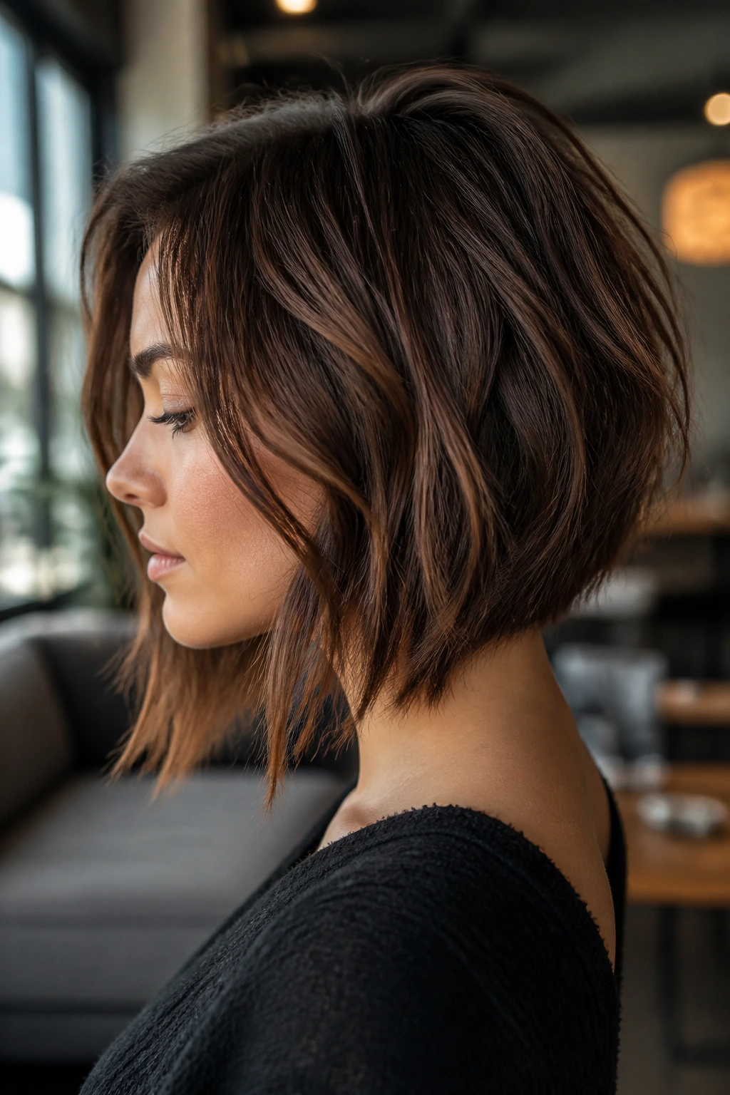 Portrait of a woman with inverted lob and soft nape lift (side profile)
